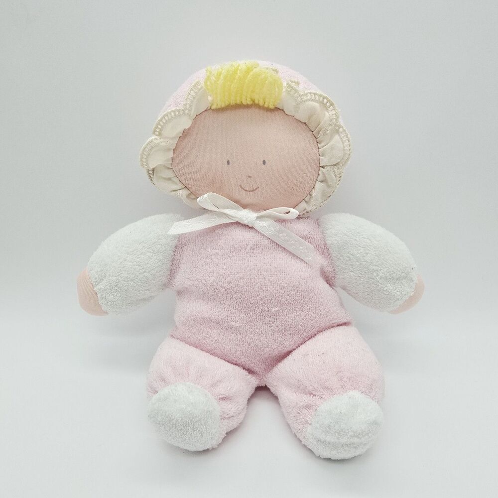 Vintage Stuffed Baby Doll Blue Eyes Pink White Bonnet Blond 9" Plush Toy